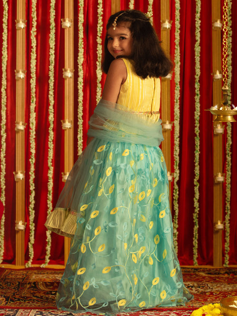 Vastramay Girls' Yellow Crop Top And Aqua Lehenga With Ruffled Dupatta Set